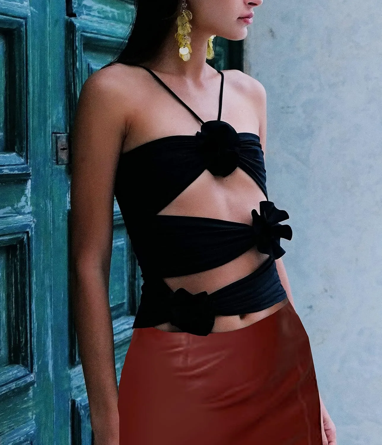 KMBANGI Floral Sexy Tank Top Women Y2k Ruffles Frill Halter Crop Tops Sleeveless Off Shoulder Backless Flower Tube Top