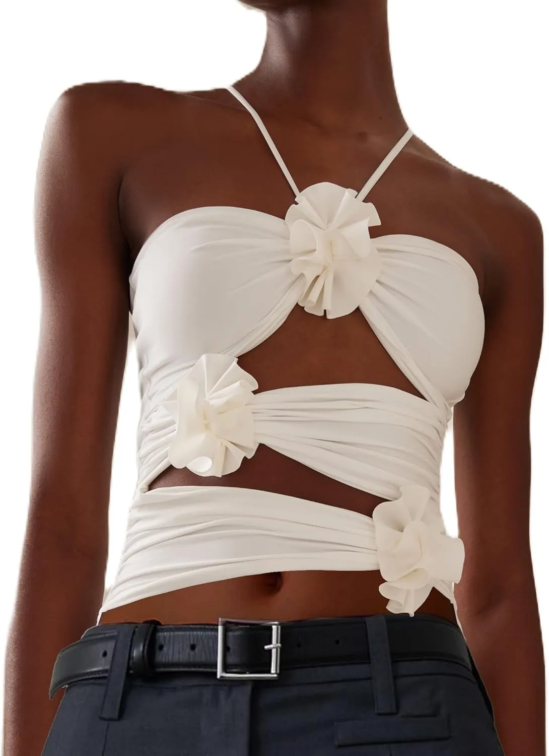 KMBANGI Floral Sexy Tank Top Women Y2k Ruffles Frill Halter Crop Tops Sleeveless Off Shoulder Backless Flower Tube Top