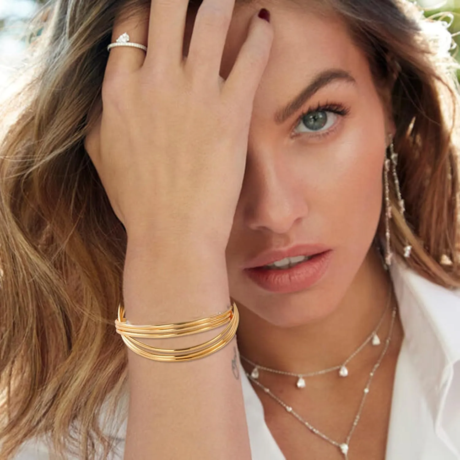 KOLODOGO Gold Bracelet for Women Cuff Multi-Layer Bangle Bracelet Open Adjustable Wrist Cuff Bracelets Gold Plated Adjustable Bracelet for Women