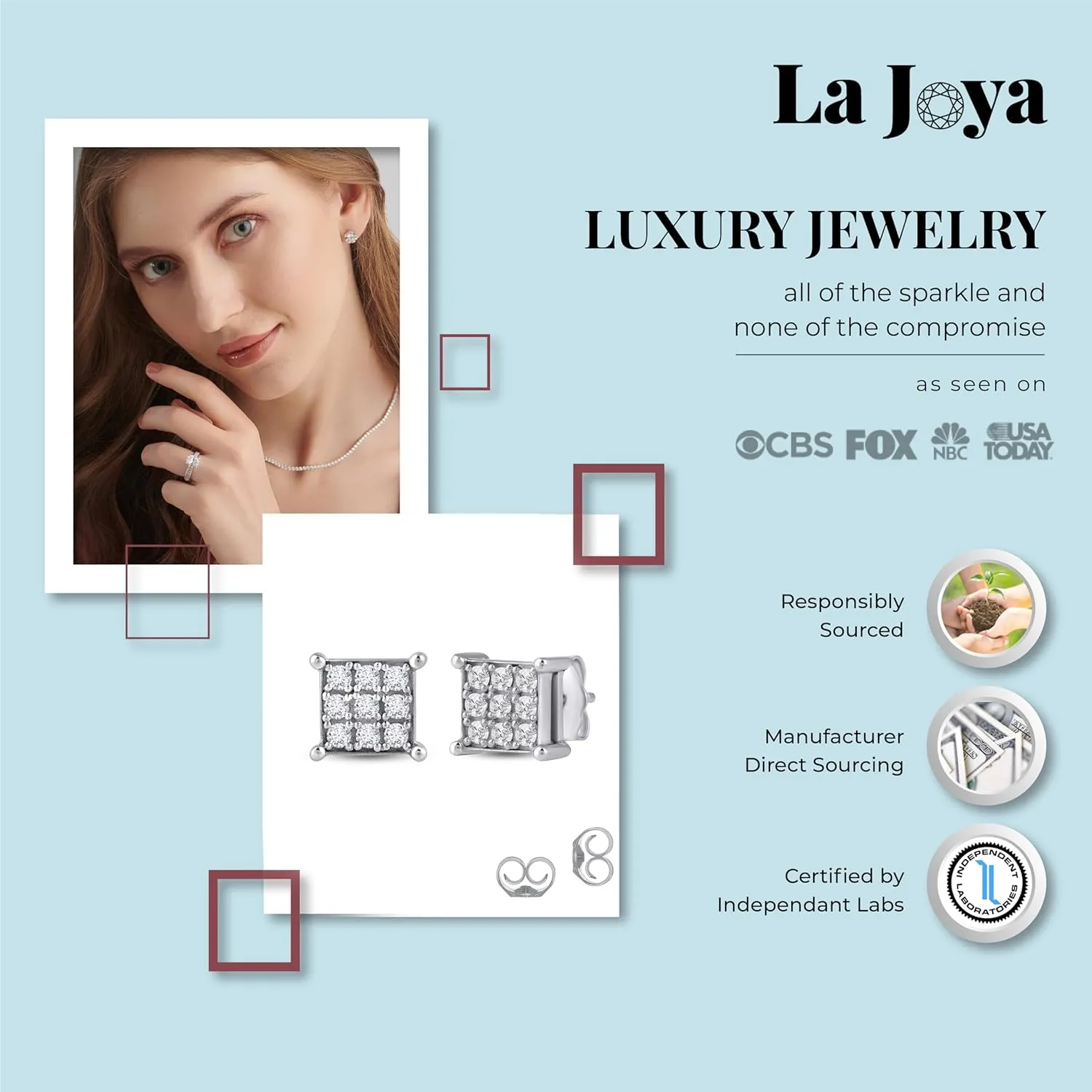 La Joya Lab Grown Diamond Stud Earrings - 1/4 Carat GH VS/SI Diamonds in 925 Sterling Silver - Sparkling Earrings for Men and Women
