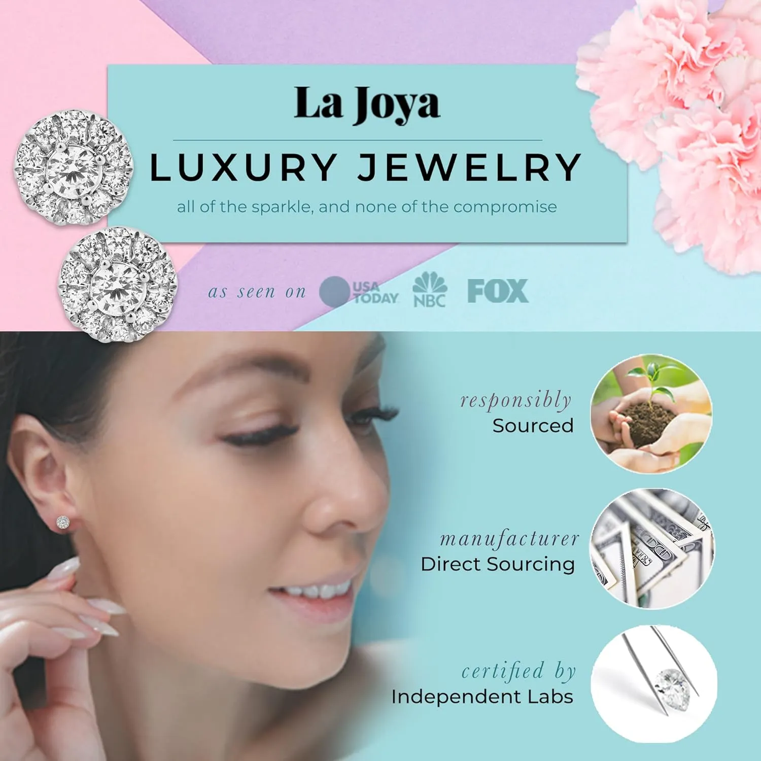 Lab Grown Diamond Halo Earrings for Women | 1/4-1 1/2 CT TW 10K Real Gold Diamond Stud Earrings | Ideal Gift for Women