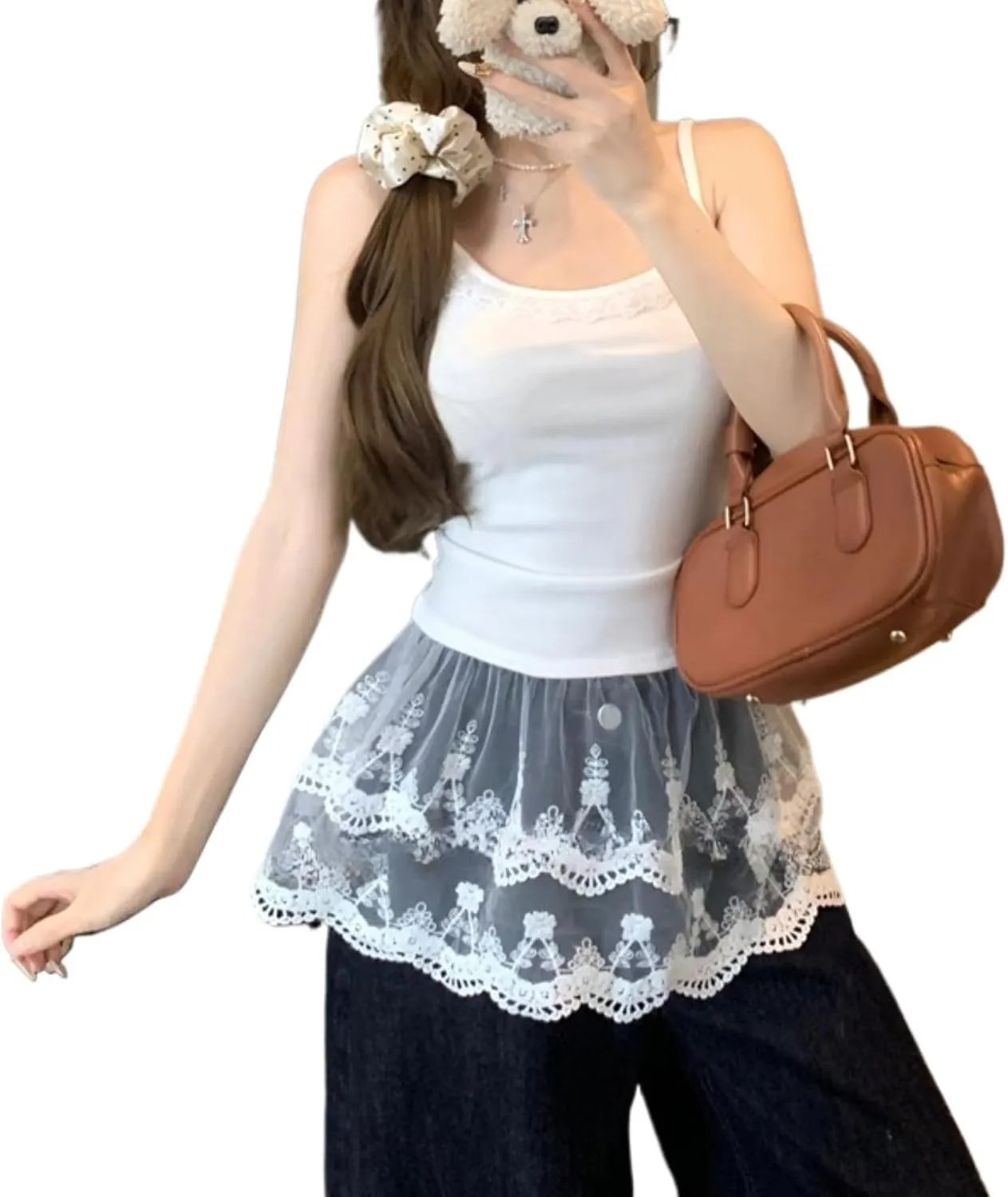 Lace Trim Cami Tank Tops for Women Y2k Summer Spaghetti Strap Coquette Camisole Layering Tops with Tulle Ruffle