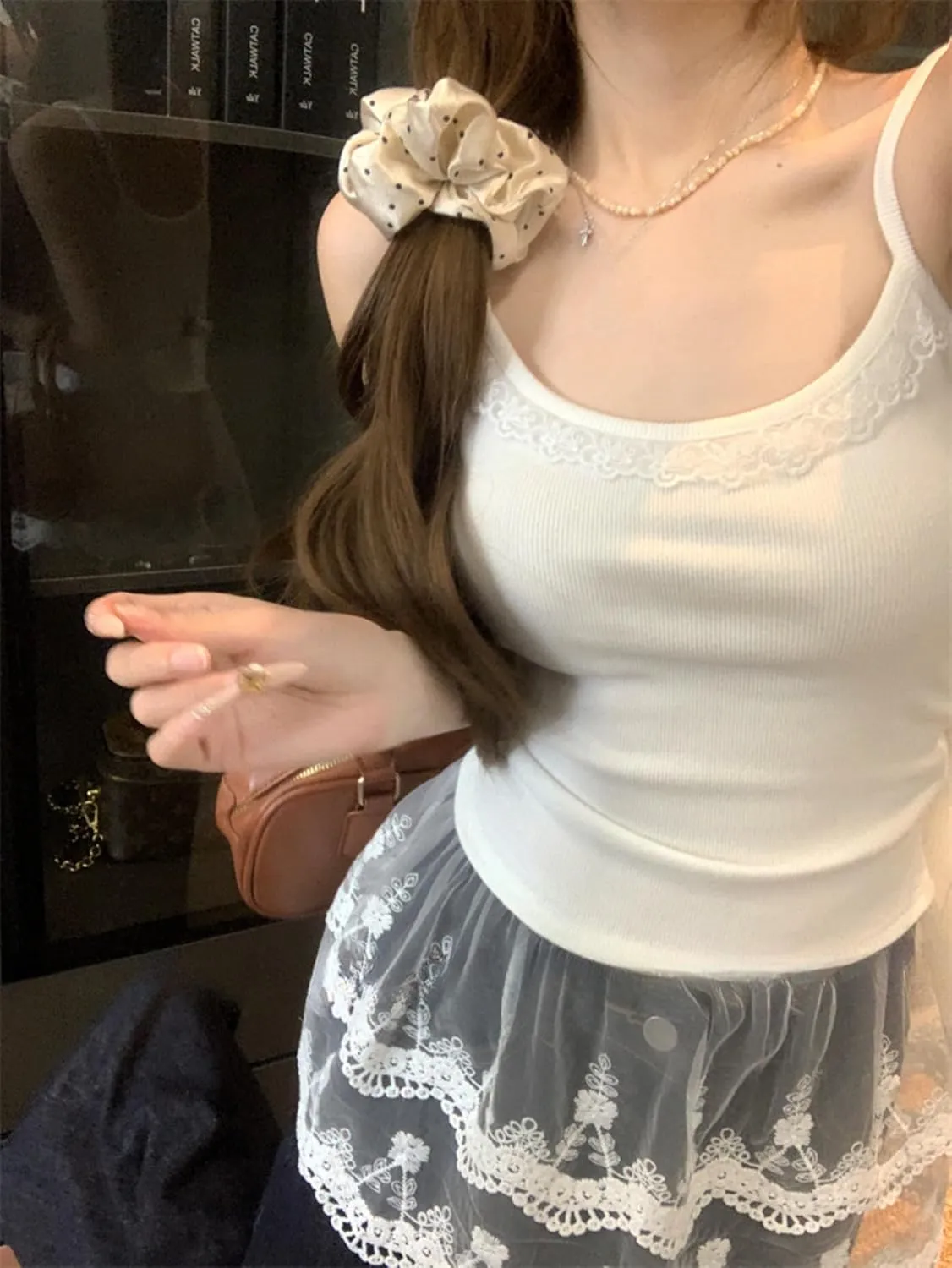 Lace Trim Cami Tank Tops for Women Y2k Summer Spaghetti Strap Coquette Camisole Layering Tops with Tulle Ruffle