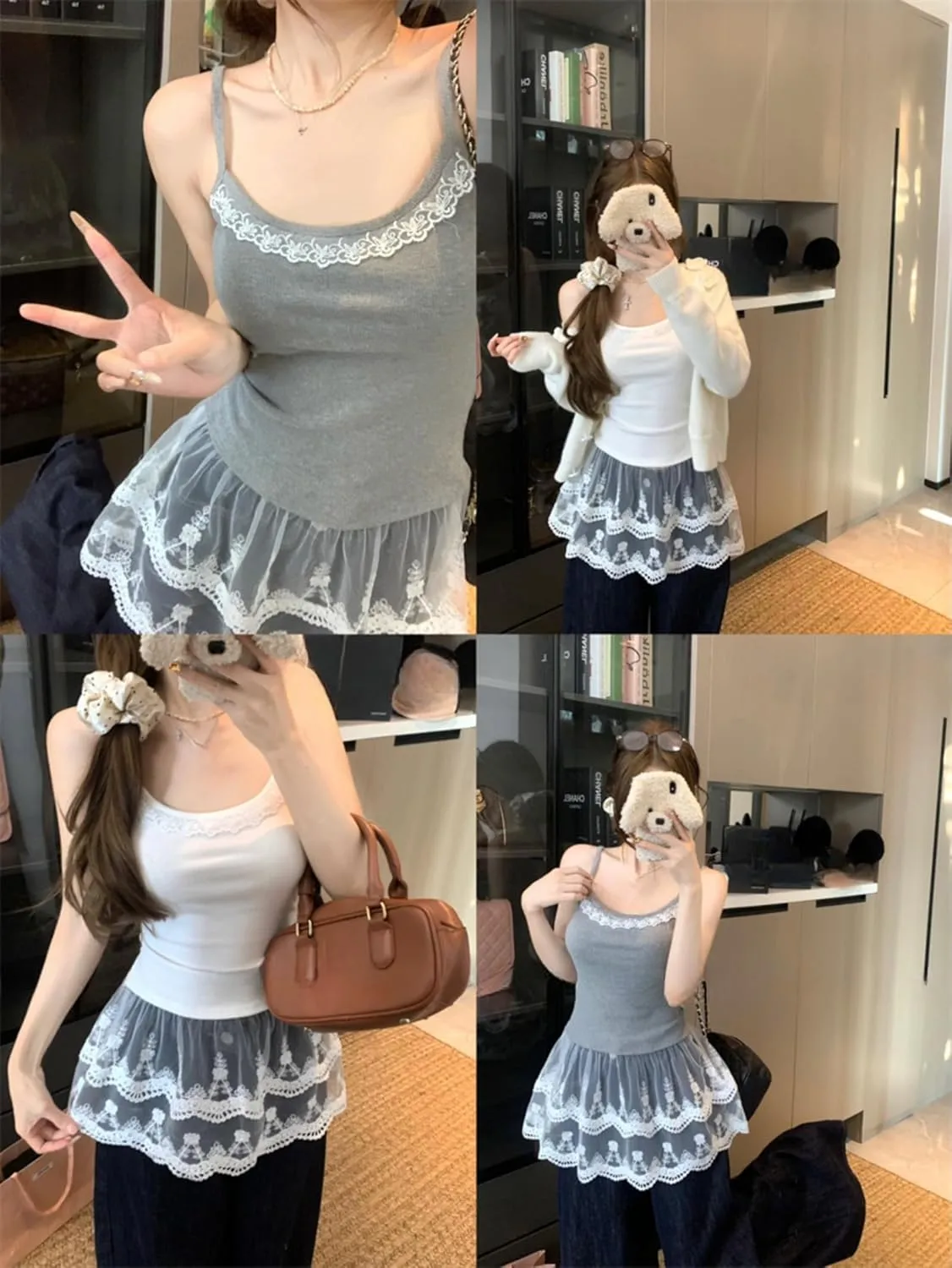 Lace Trim Cami Tank Tops for Women Y2k Summer Spaghetti Strap Coquette Camisole Layering Tops with Tulle Ruffle