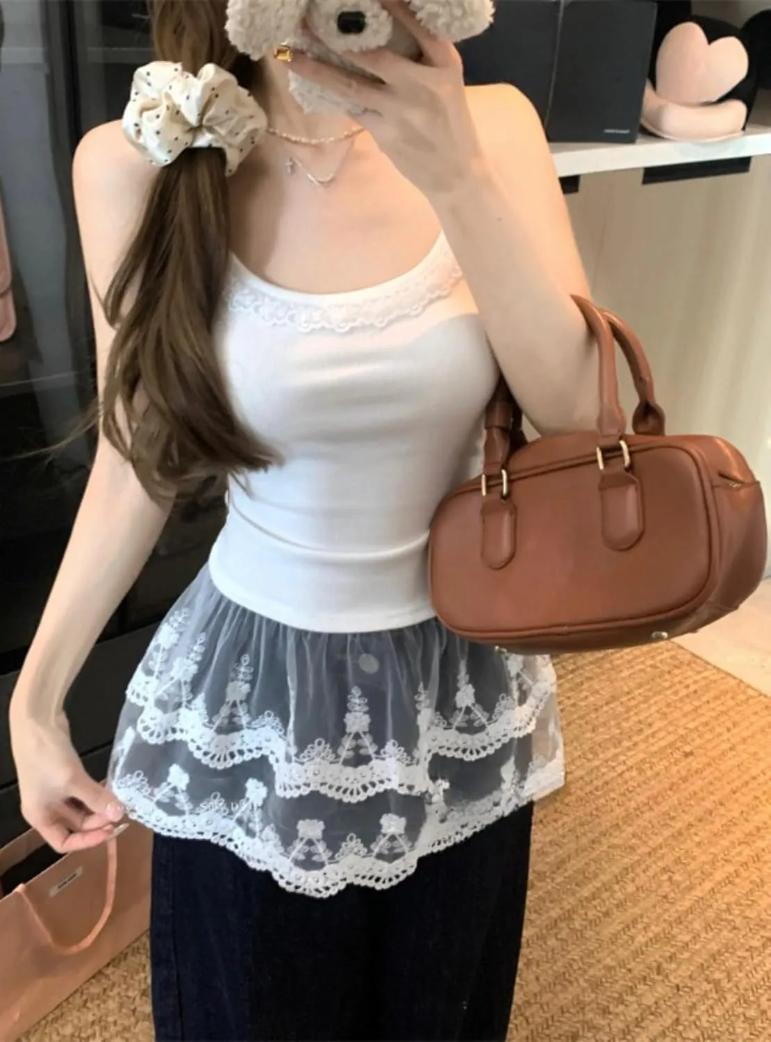Lace Trim Cami Tank Tops for Women Y2k Summer Spaghetti Strap Coquette Camisole Layering Tops with Tulle Ruffle