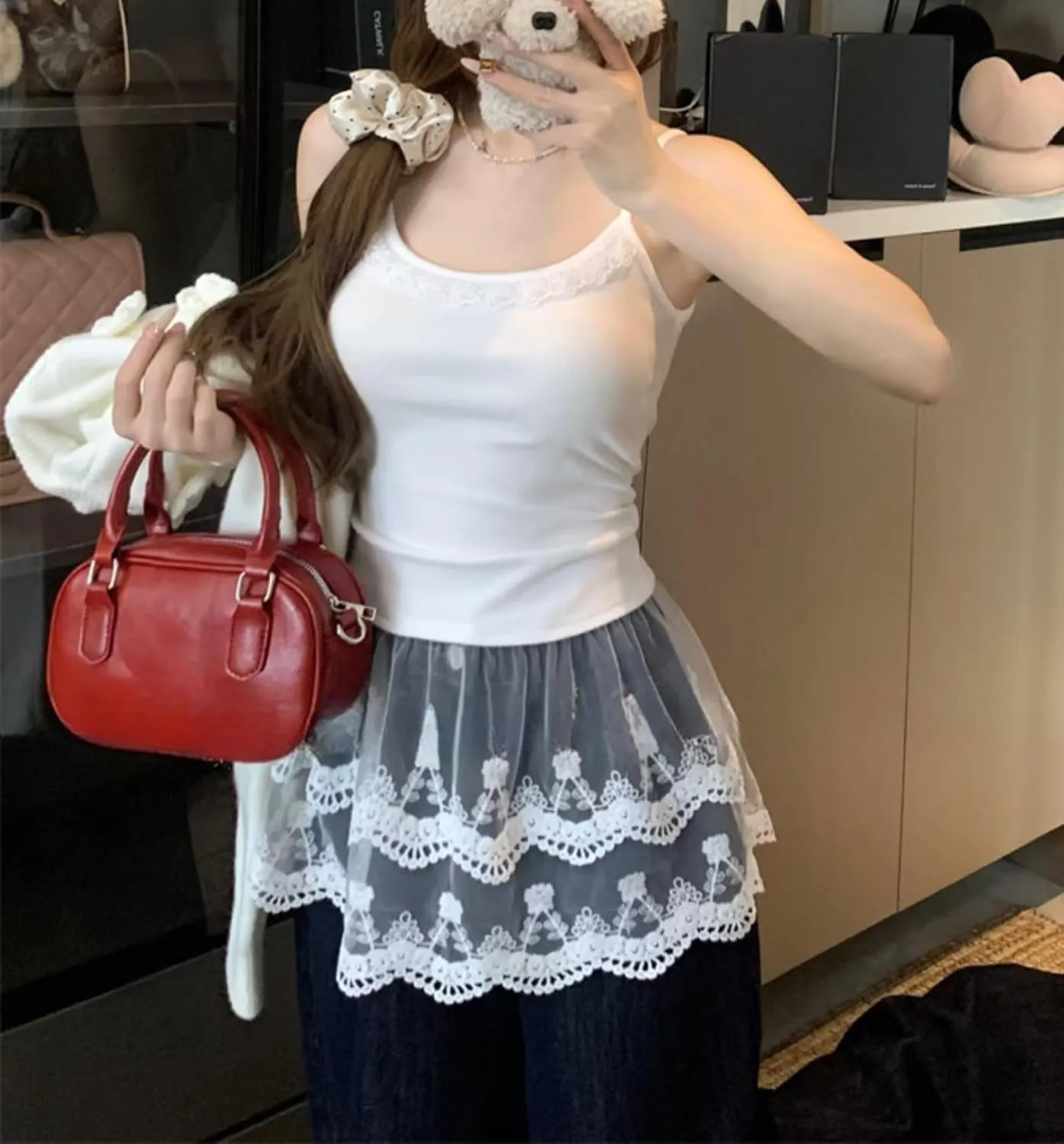 Lace Trim Cami Tank Tops for Women Y2k Summer Spaghetti Strap Coquette Camisole Layering Tops with Tulle Ruffle