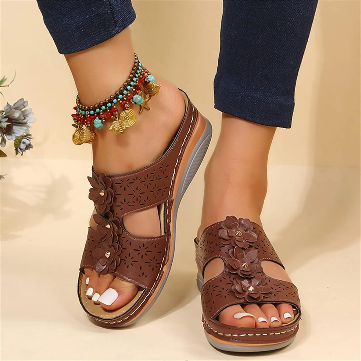 Ladmiple Sandals Women Beach Vacation Comfort Orthotic Walking Slides Open Toe Arch Support Summer Orthopedic Flip Flops