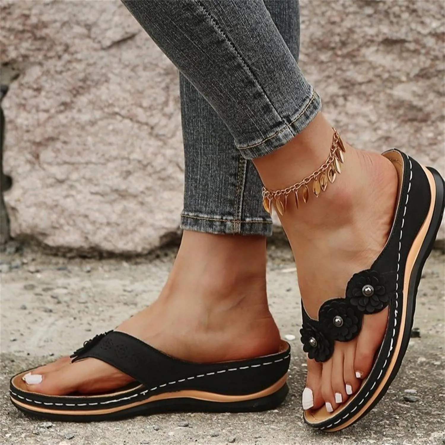 Ladmiple Sandals Women Comfortable Cute Wedge Orthotic Walking Slides Arch Support Dressy Summer Orthopedic Flip Flops