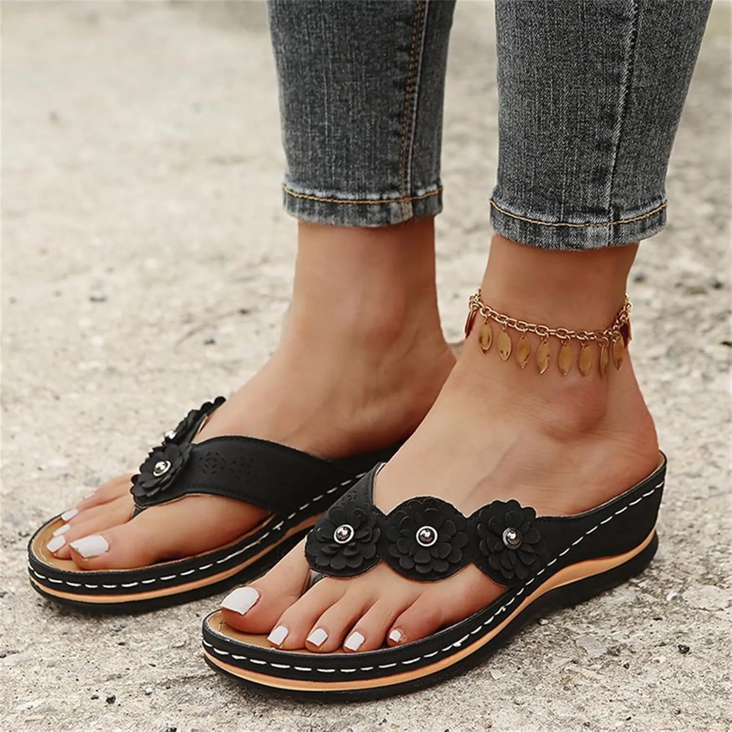 Ladmiple Sandals Women Comfortable Cute Wedge Orthotic Walking Slides Arch Support Dressy Summer Orthopedic Flip Flops