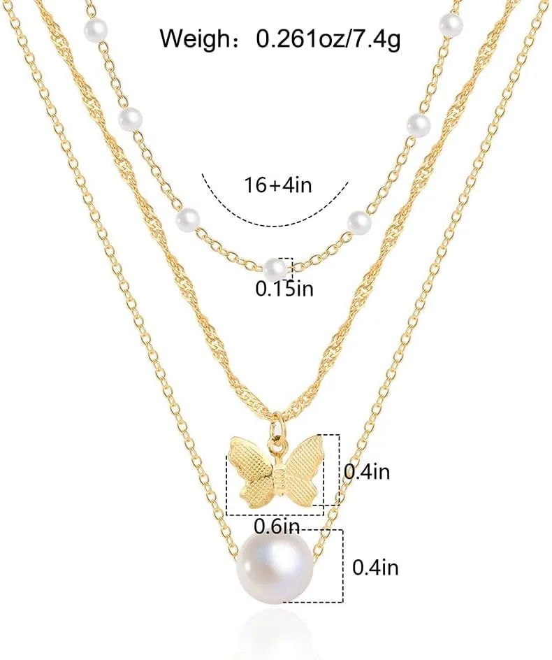 Layered Butterfly Pearl Pendant Necklace Set for Women Trendy 14k Gold Chain Choker Necklaces Stackable Link Bead Necklaces Jewelry Gift