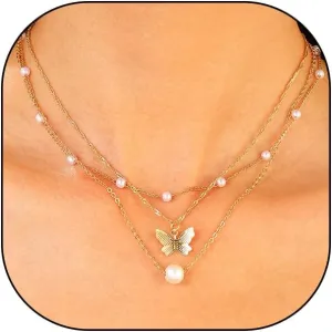 Layered Butterfly Pearl Pendant Necklace Set for Women Trendy 14k Gold Chain Choker Necklaces Stackable Link Bead Necklaces Jewelry Gift