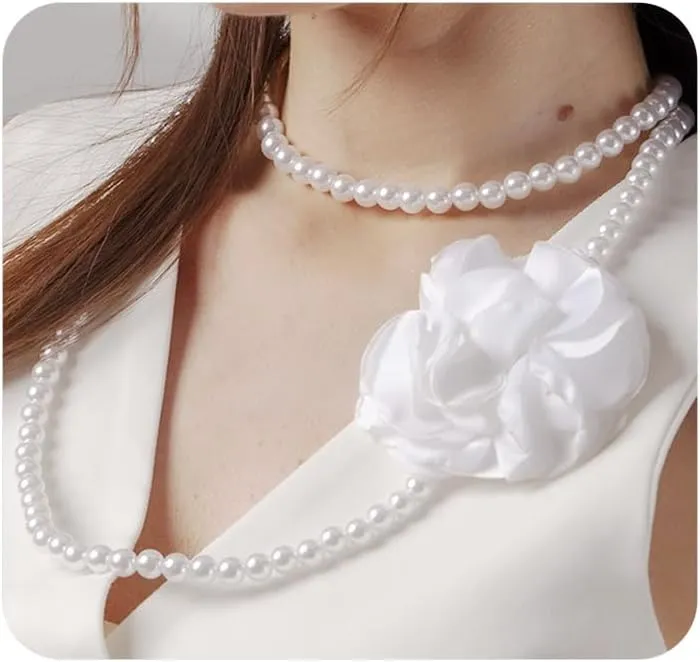 Layered Pearl Beaded Fabric Flower Charming Necklace for Women, Long Pearl Large Black Chiffon Floral Necklaces for Party Prom Jewelry Accessories