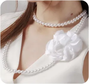 Layered Pearl Beaded Fabric Flower Charming Necklace for Women, Long Pearl Large Black Chiffon Floral Necklaces for Party Prom Jewelry Accessories