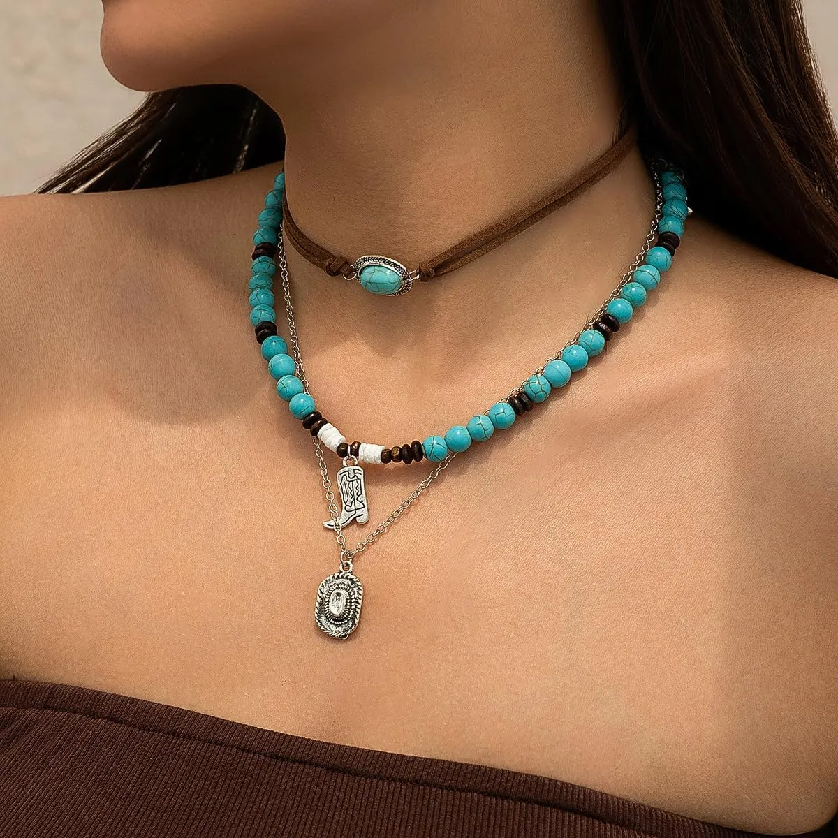 Layered Western Necklaces for Women Vintage Turquoise Beaded Necklace Boho Cowboy Boot Necklace Cowgirl Ox-head Cactus Necklaces Country Concert Outfits Renaissance Accessories Jewelry