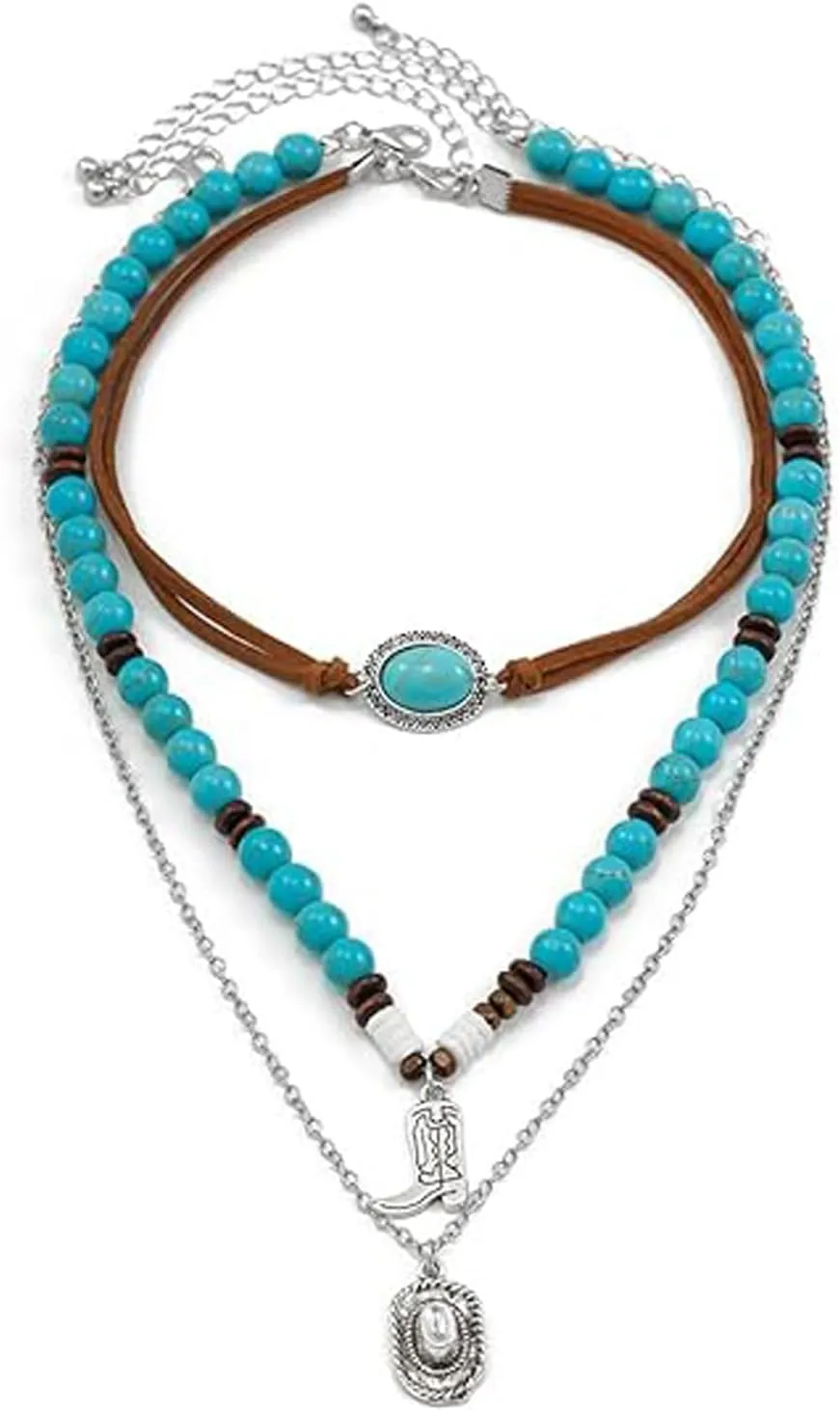Layered Western Necklaces for Women Vintage Turquoise Beaded Necklace Boho Cowboy Boot Necklace Cowgirl Ox-head Cactus Necklaces Country Concert Outfits Renaissance Accessories Jewelry