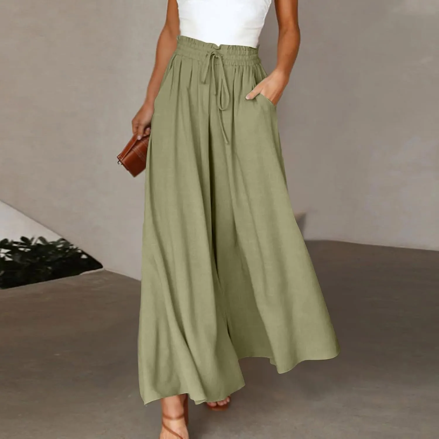 lcyhony Wide Leg Pants Women Lightweight Flowy High Waisted Palazzo Pants Casual Vacation Travel Culottes Pants with Pockets