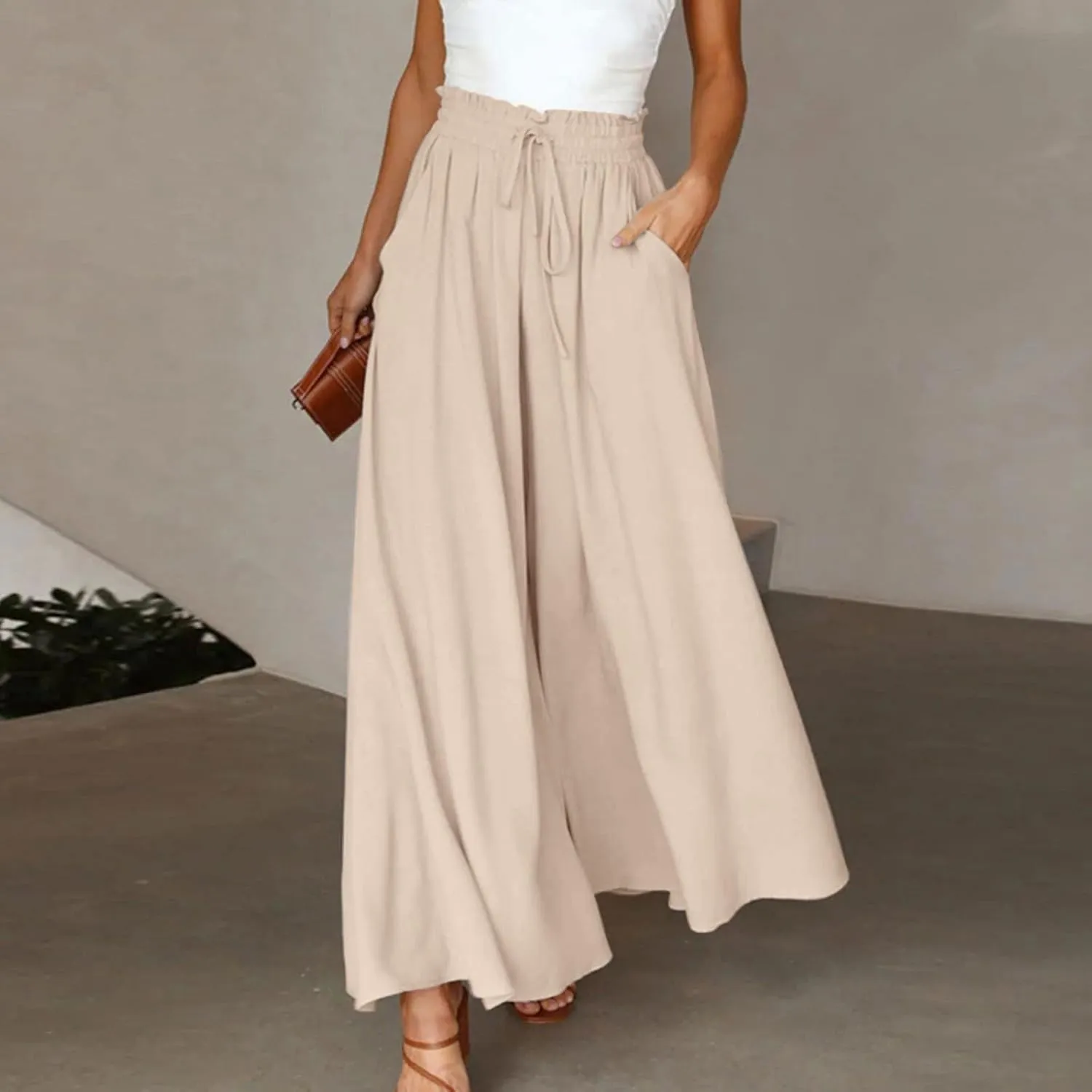 lcyhony Wide Leg Pants Women Lightweight Flowy High Waisted Palazzo Pants Casual Vacation Travel Culottes Pants with Pockets