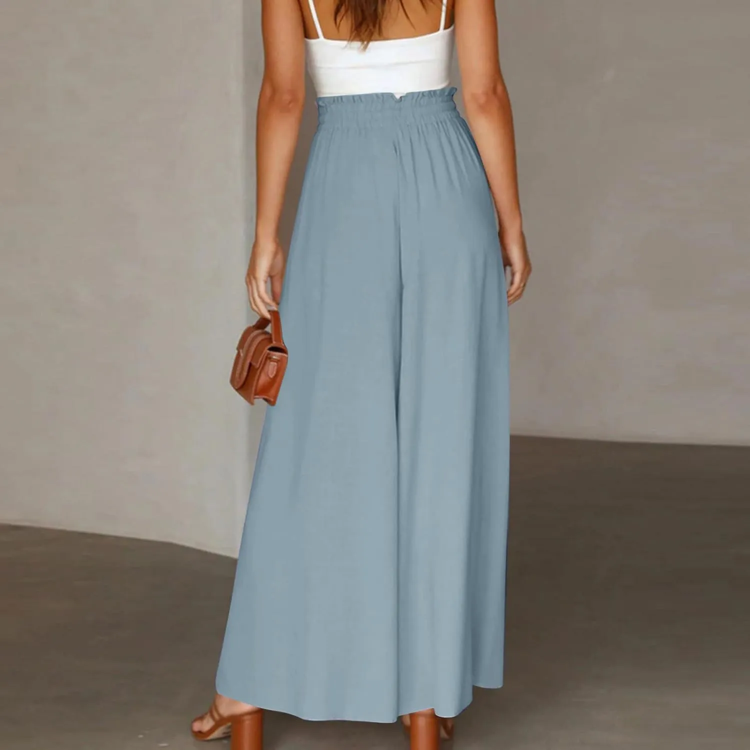 lcyhony Wide Leg Pants Women Lightweight Flowy High Waisted Palazzo Pants Casual Vacation Travel Culottes Pants with Pockets
