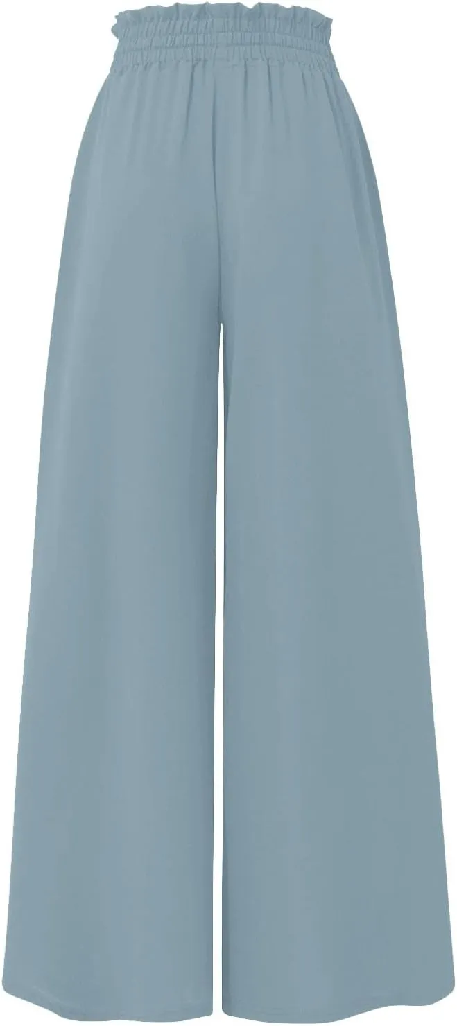 lcyhony Wide Leg Pants Women Lightweight Flowy High Waisted Palazzo Pants Casual Vacation Travel Culottes Pants with Pockets
