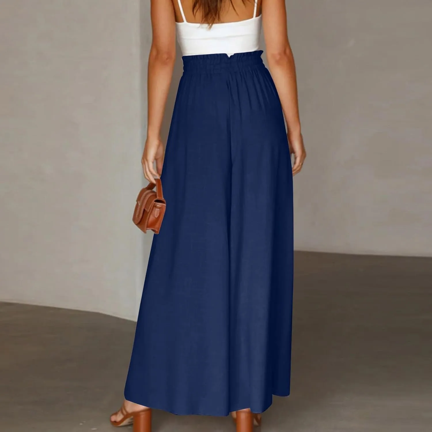lcyhony Wide Leg Pants Women Lightweight Flowy High Waisted Palazzo Pants Casual Vacation Travel Culottes Pants with Pockets