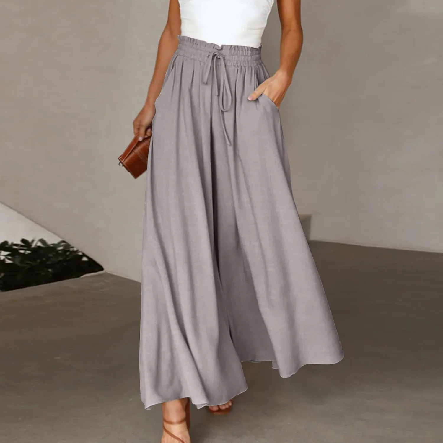 lcyhony Wide Leg Pants Women Lightweight Flowy High Waisted Palazzo Pants Casual Vacation Travel Culottes Pants with Pockets