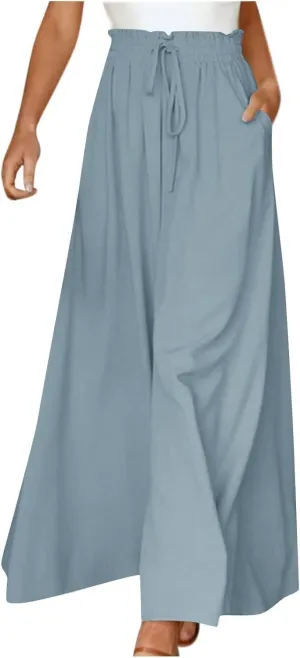 lcyhony Wide Leg Pants Women Lightweight Flowy High Waisted Palazzo Pants Casual Vacation Travel Culottes Pants with Pockets