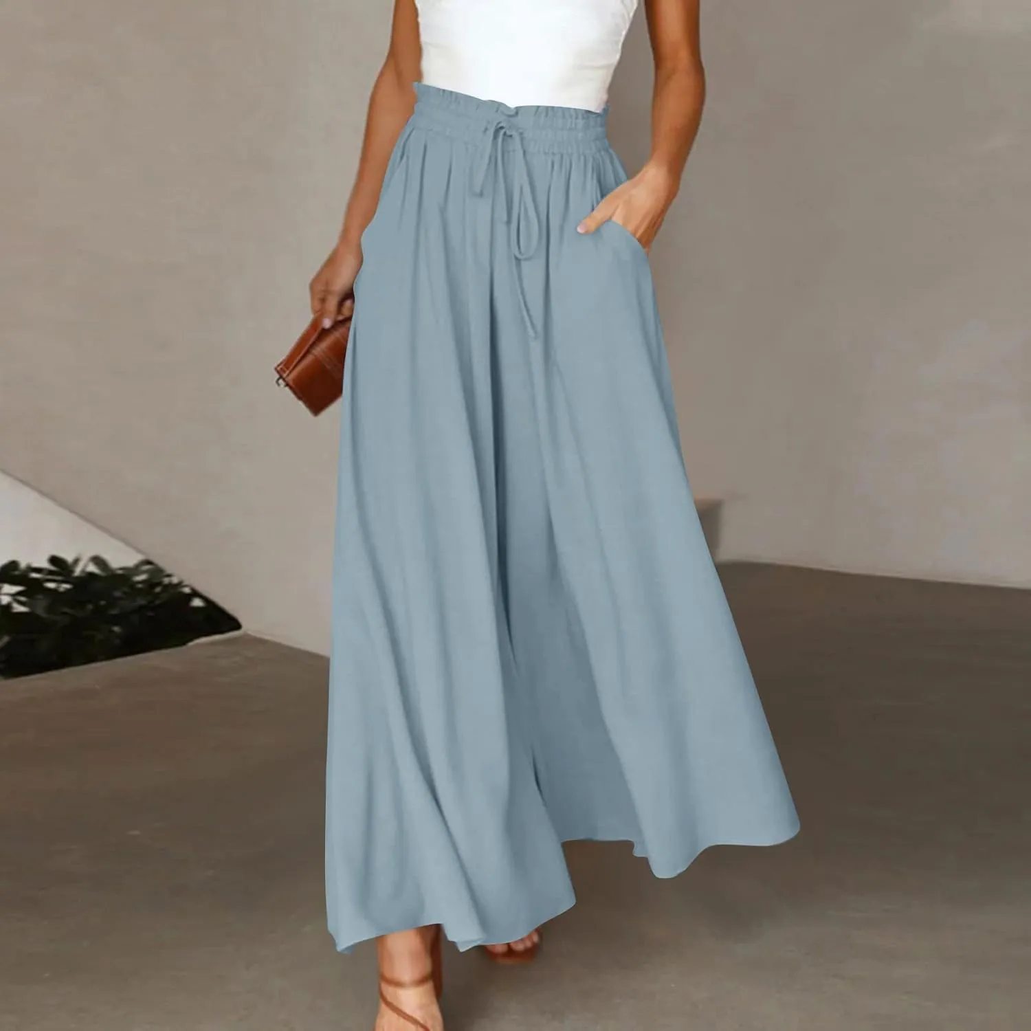 lcyhony Wide Leg Pants Women Lightweight Flowy High Waisted Palazzo Pants Casual Vacation Travel Culottes Pants with Pockets