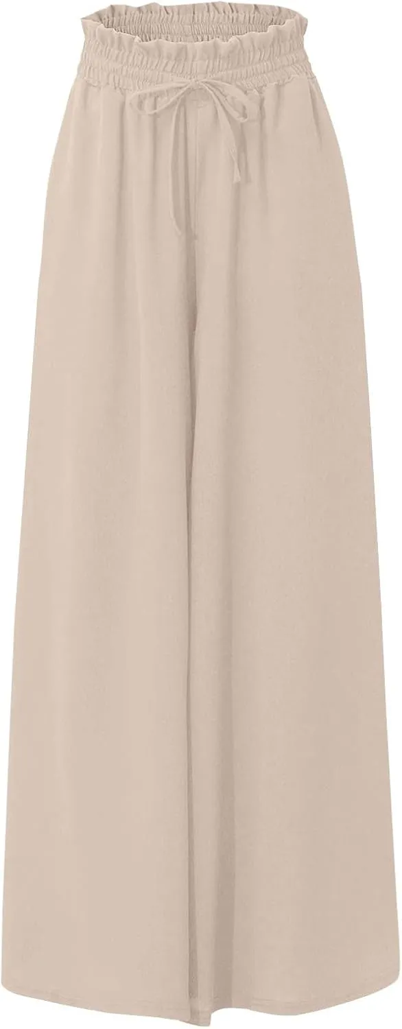 lcyhony Wide Leg Pants Women Lightweight Flowy High Waisted Palazzo Pants Casual Vacation Travel Culottes Pants with Pockets