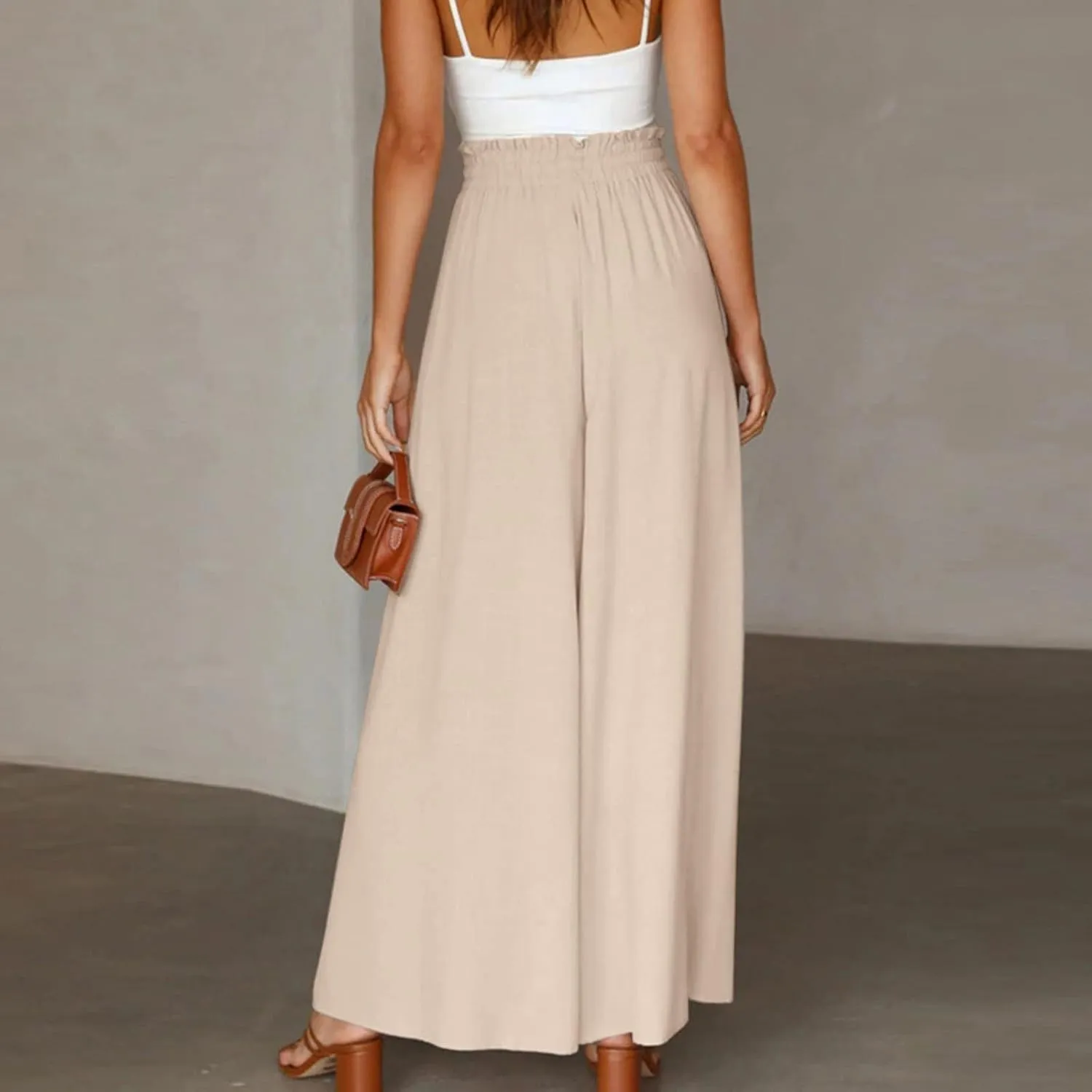 lcyhony Wide Leg Pants Women Lightweight Flowy High Waisted Palazzo Pants Casual Vacation Travel Culottes Pants with Pockets
