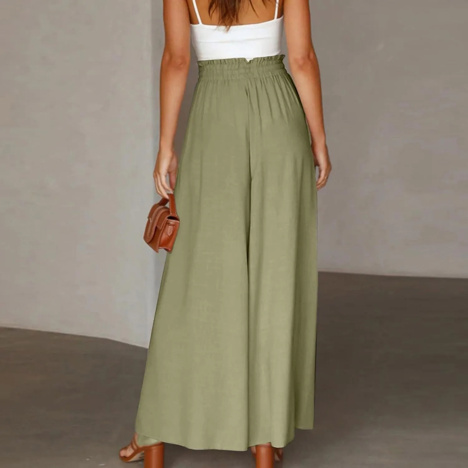 lcyhony Wide Leg Pants Women Lightweight Flowy High Waisted Palazzo Pants Casual Vacation Travel Culottes Pants with Pockets