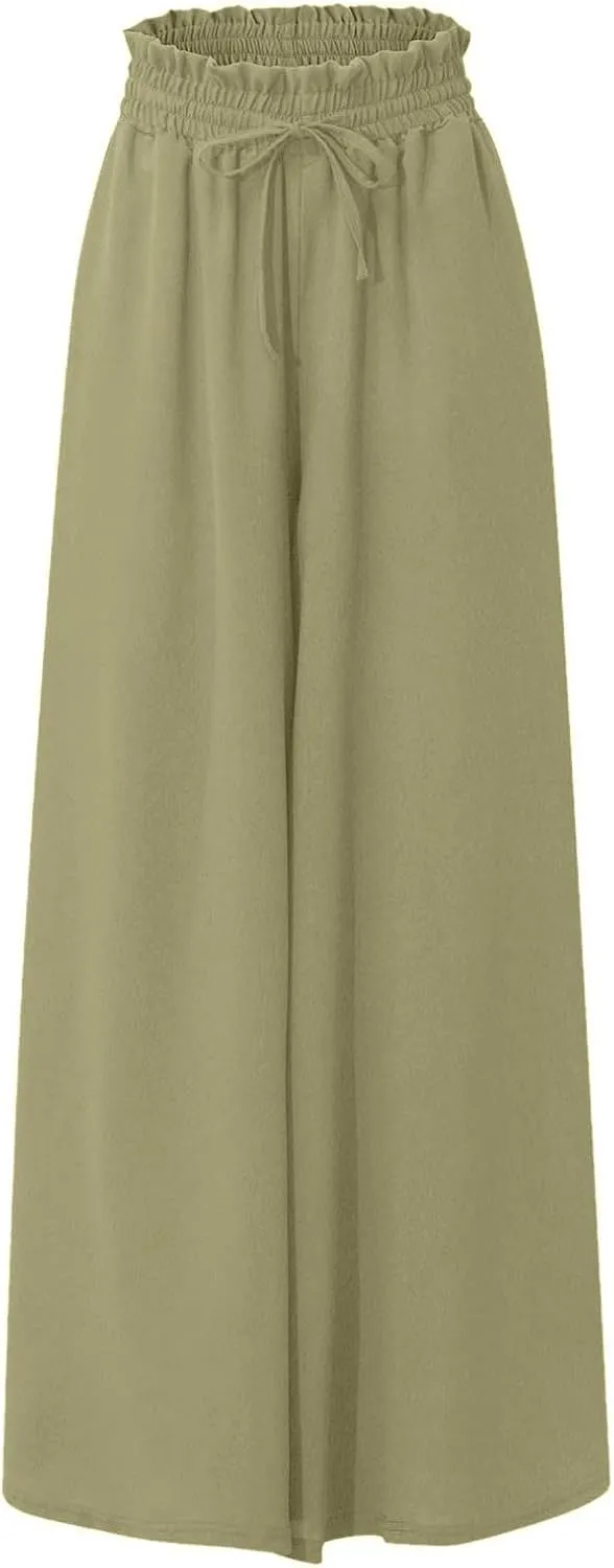 lcyhony Wide Leg Pants Women Lightweight Flowy High Waisted Palazzo Pants Casual Vacation Travel Culottes Pants with Pockets