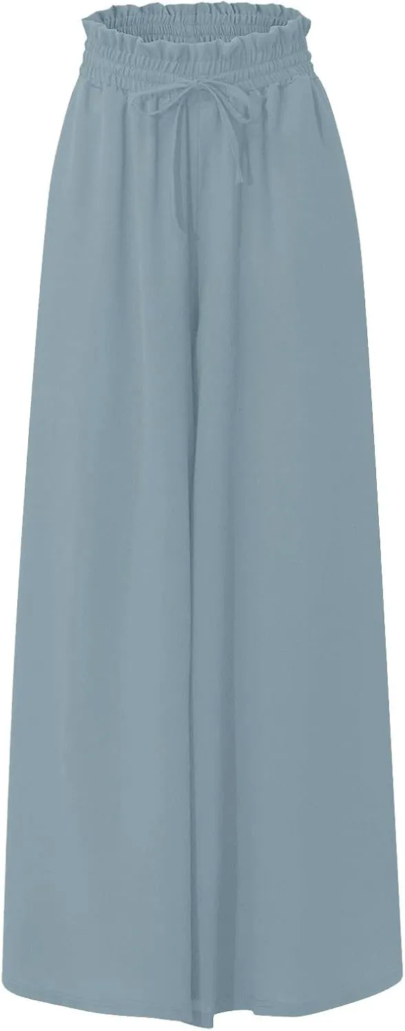 lcyhony Wide Leg Pants Women Lightweight Flowy High Waisted Palazzo Pants Casual Vacation Travel Culottes Pants with Pockets
