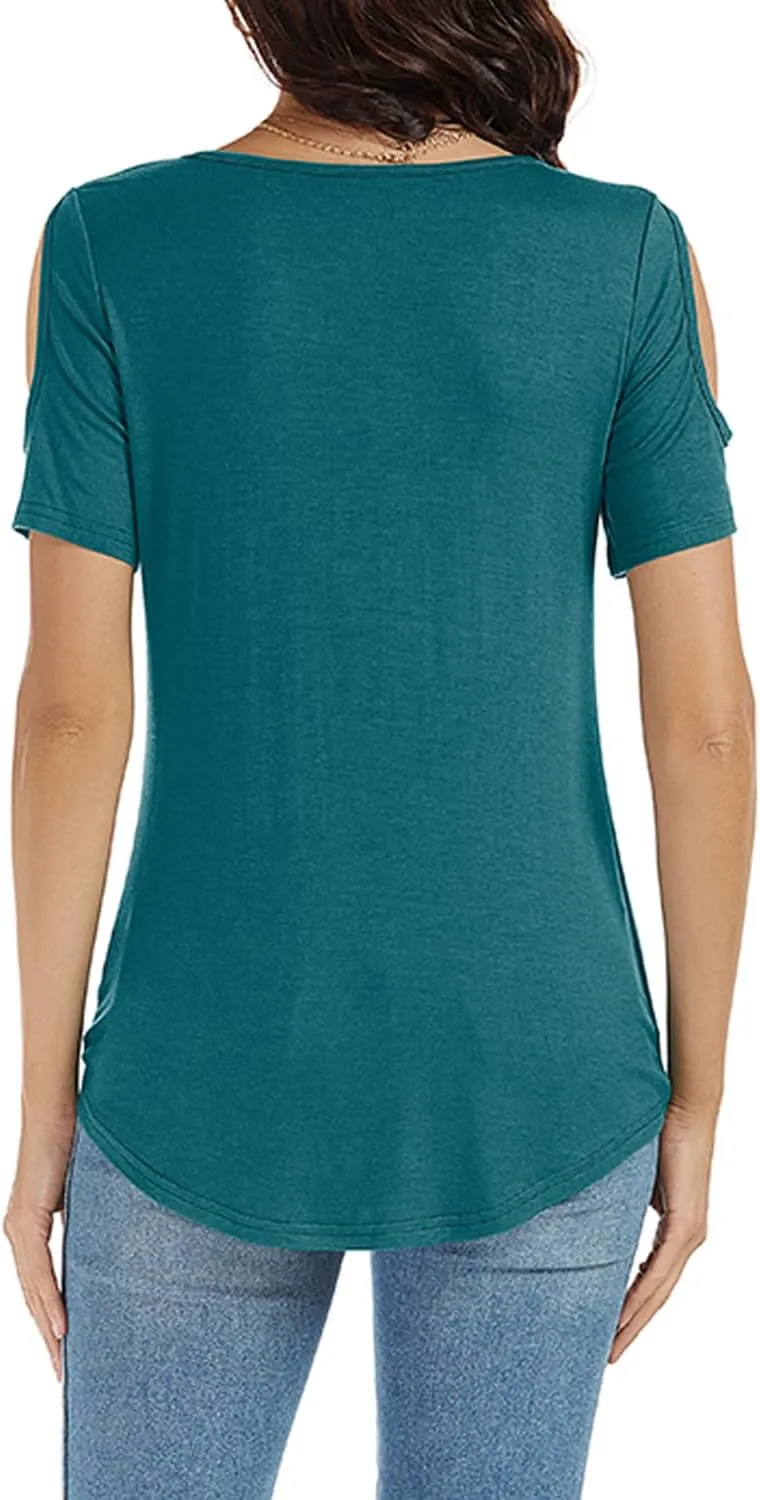 LEIYEE Womens Summer Cold Shoulder Tops Sexy Casual Short Sleeve Wrap V Neck T Shirts Cute Loose Fit Blouse