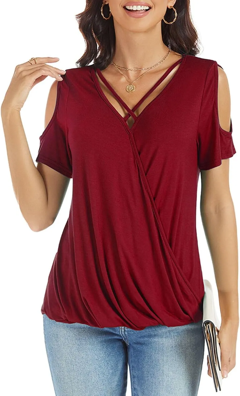 LEIYEE Womens Summer Cold Shoulder Tops Sexy Casual Short Sleeve Wrap V Neck T Shirts Cute Loose Fit Blouse
