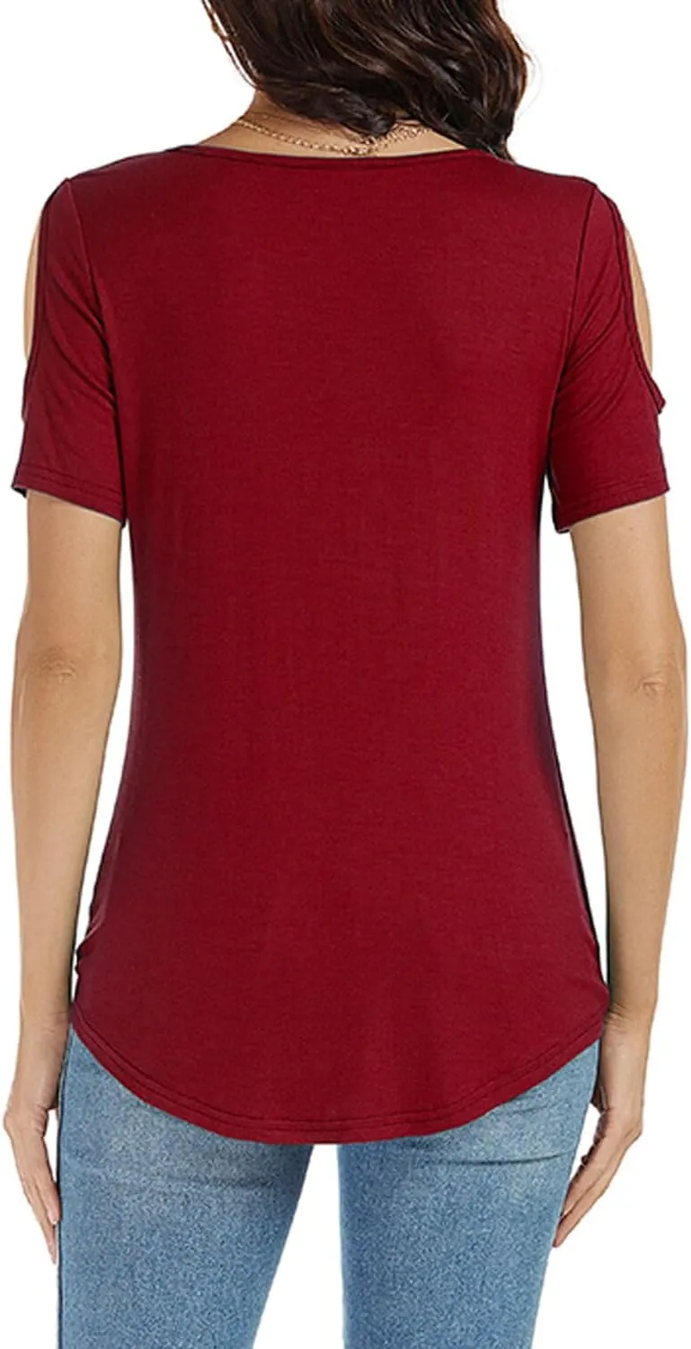 LEIYEE Womens Summer Cold Shoulder Tops Sexy Casual Short Sleeve Wrap V Neck T Shirts Cute Loose Fit Blouse