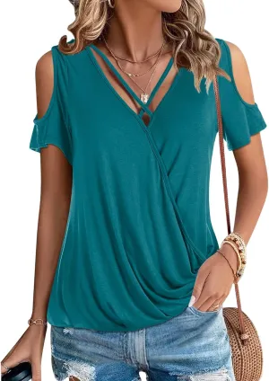 LEIYEE Womens Summer Cold Shoulder Tops Sexy Casual Short Sleeve Wrap V Neck T Shirts Cute Loose Fit Blouse