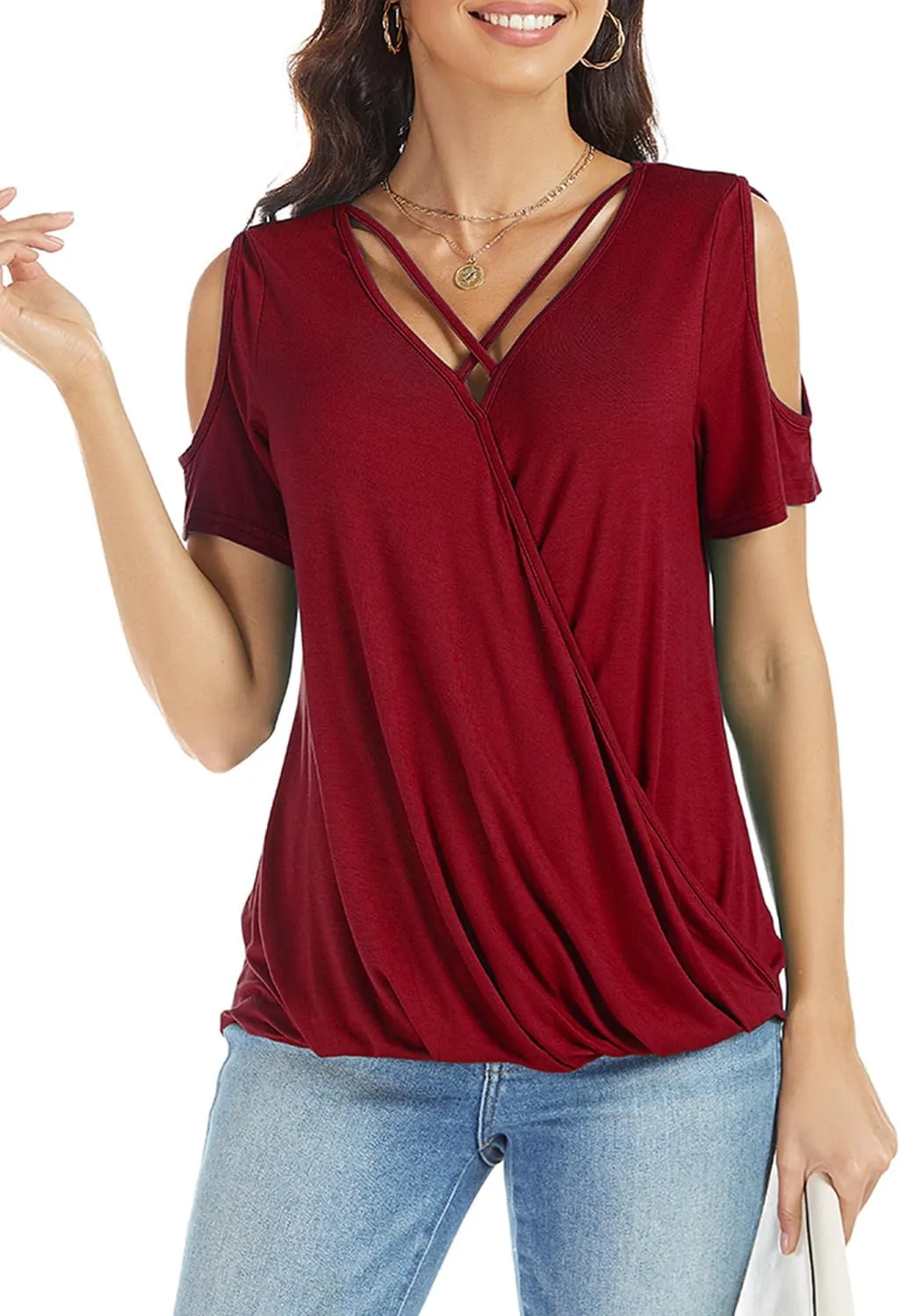 LEIYEE Womens Summer Cold Shoulder Tops Sexy Casual Short Sleeve Wrap V Neck T Shirts Cute Loose Fit Blouse