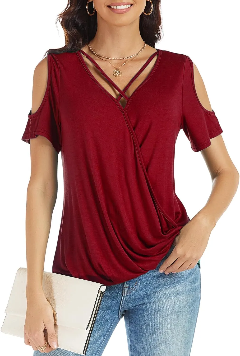 LEIYEE Womens Summer Cold Shoulder Tops Sexy Casual Short Sleeve Wrap V Neck T Shirts Cute Loose Fit Blouse