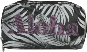 LeSportsac Aloha Twilight Hawaii Rectangular Cosmetic Bag Style 6511/Color K834, HAWAII EXCLUSIVE, Aloha Printed in Purple/Pink Oversized Letters, Black, White & Grey Tropical Palm Fronds