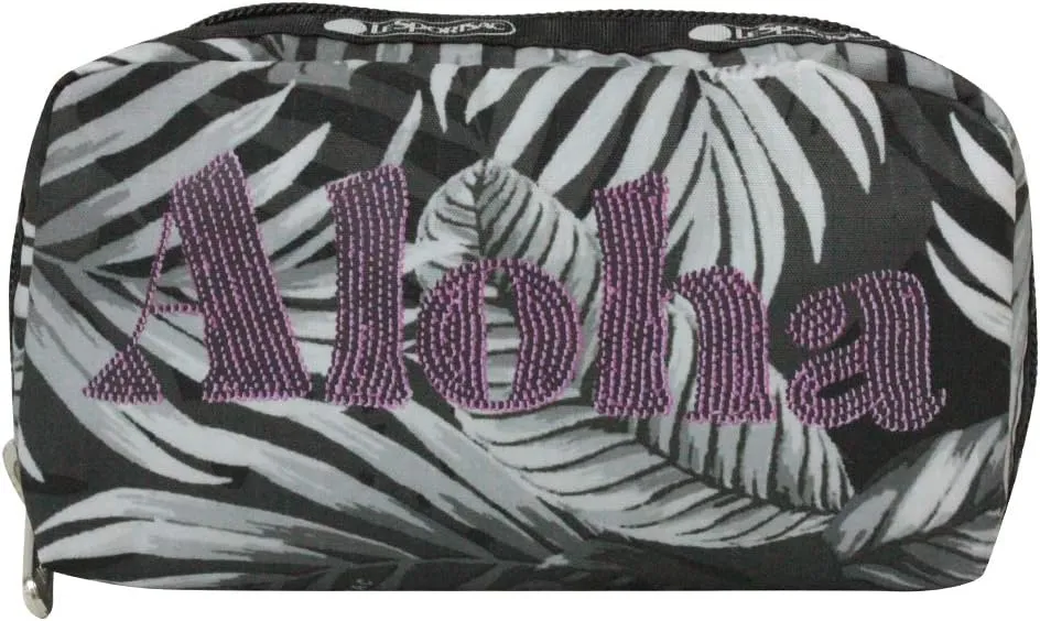 LeSportsac Aloha Twilight Hawaii Rectangular Cosmetic Bag Style 6511/Color K834, HAWAII EXCLUSIVE, Aloha Printed in Purple/Pink Oversized Letters, Black, White & Grey Tropical Palm Fronds