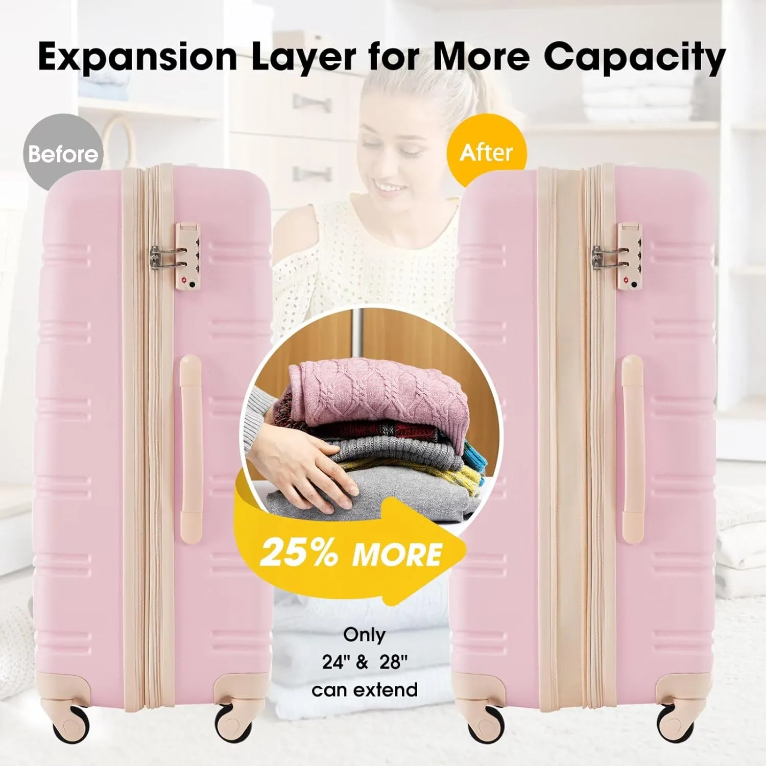 Light Pink Luggage Sets 4 Piece Suitcases with Wheels, Travel Suitcase Set Lightweight ABS Hard Case Luggage with TSA Lock Spinner Wheels Durable Luggage (Light Pink, 16" 20" 24" 28")