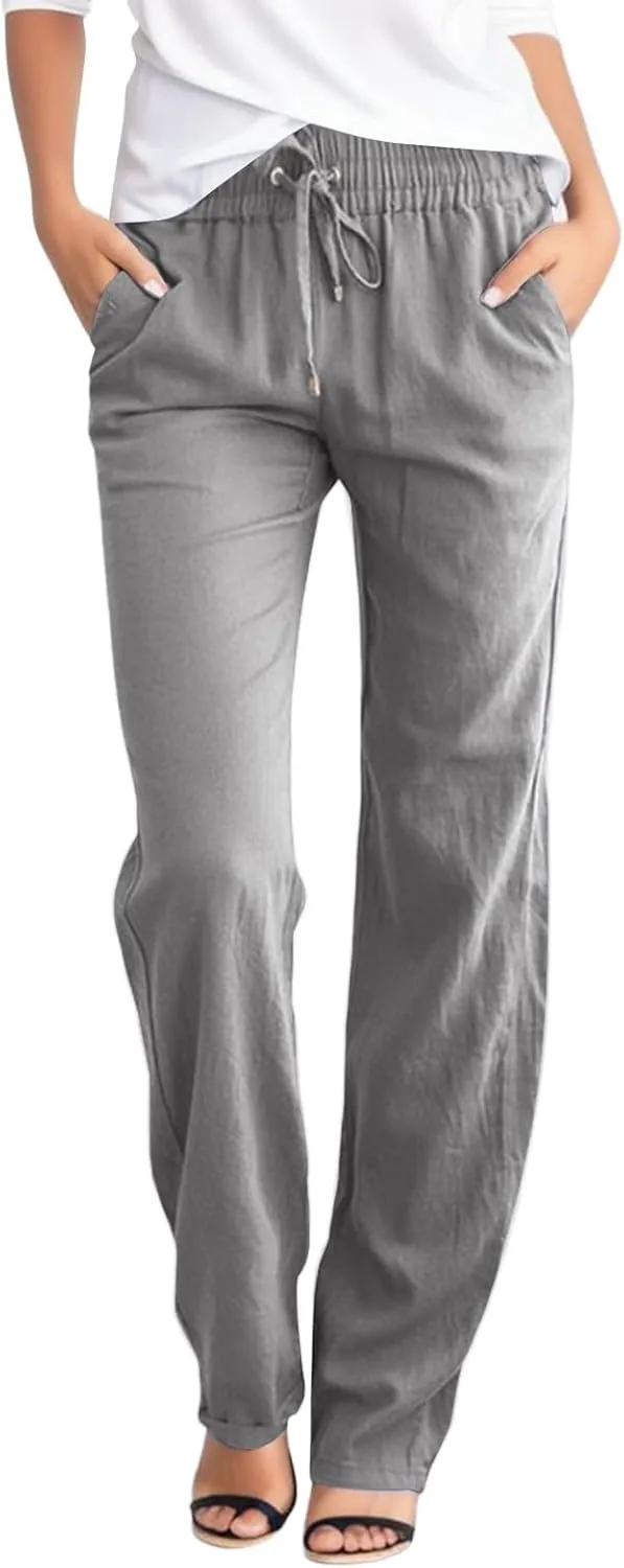 Linen Pants for Women High Waisted Drawstring Relaxed Fit Wide Leg Pant Elastic Waist Casual Lightweight Trousers