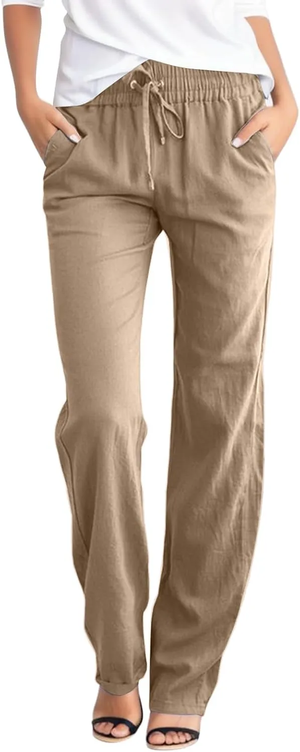 Linen Pants for Women High Waisted Drawstring Relaxed Fit Wide Leg Pant Elastic Waist Casual Lightweight Trousers