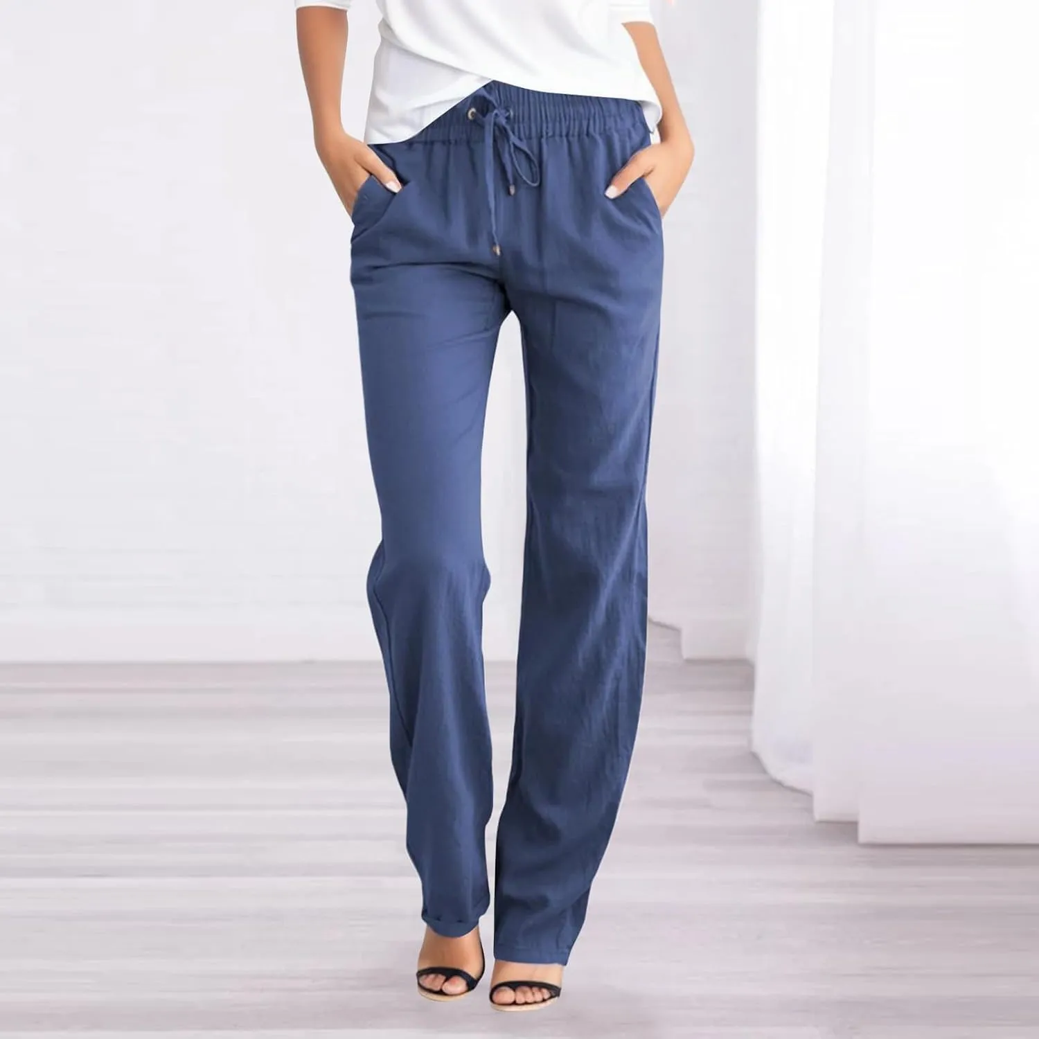 Linen Pants for Women High Waisted Drawstring Relaxed Fit Wide Leg Pant Elastic Waist Casual Lightweight Trousers