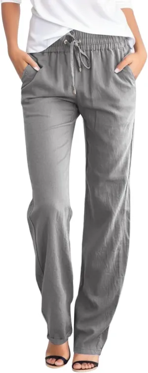 Linen Pants for Women High Waisted Drawstring Relaxed Fit Wide Leg Pant Elastic Waist Casual Lightweight Trousers