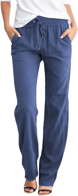 Linen Pants for Women High Waisted Drawstring Relaxed Fit Wide Leg Pant Elastic Waist Casual Lightweight Trousers