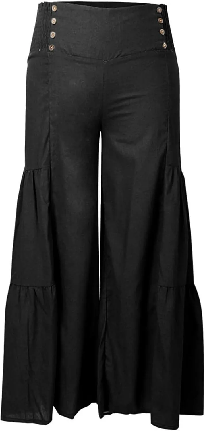 Linen Pants Women Summer Cotton Linen Wide Leg Long Pants with Pocket Solid Color Casual Women's Capris and Cropped