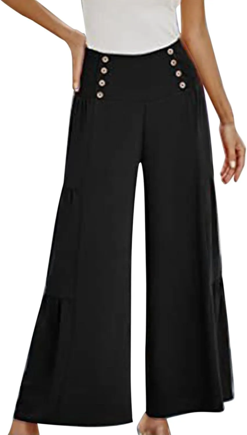 Linen Pants Women Summer Cotton Linen Wide Leg Long Pants with Pocket Solid Color Casual Women's Capris and Cropped