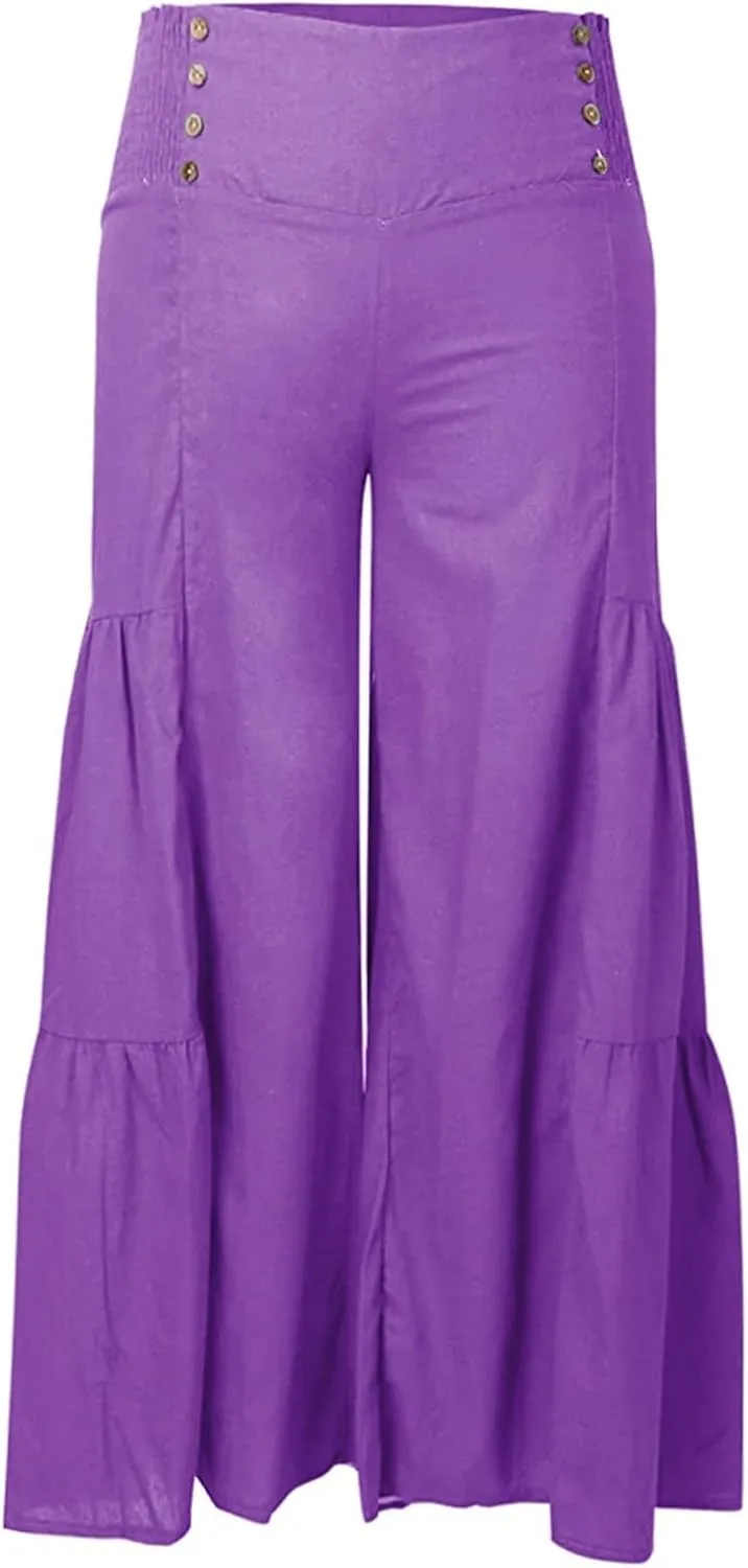 Linen Pants Women Summer Cotton Linen Wide Leg Long Pants with Pocket Solid Color Casual Women's Capris and Cropped
