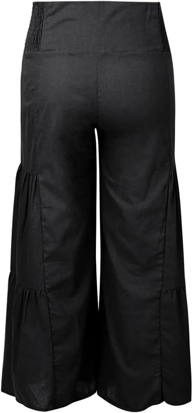 Linen Pants Women Summer Cotton Linen Wide Leg Long Pants with Pocket Solid Color Casual Women's Capris and Cropped